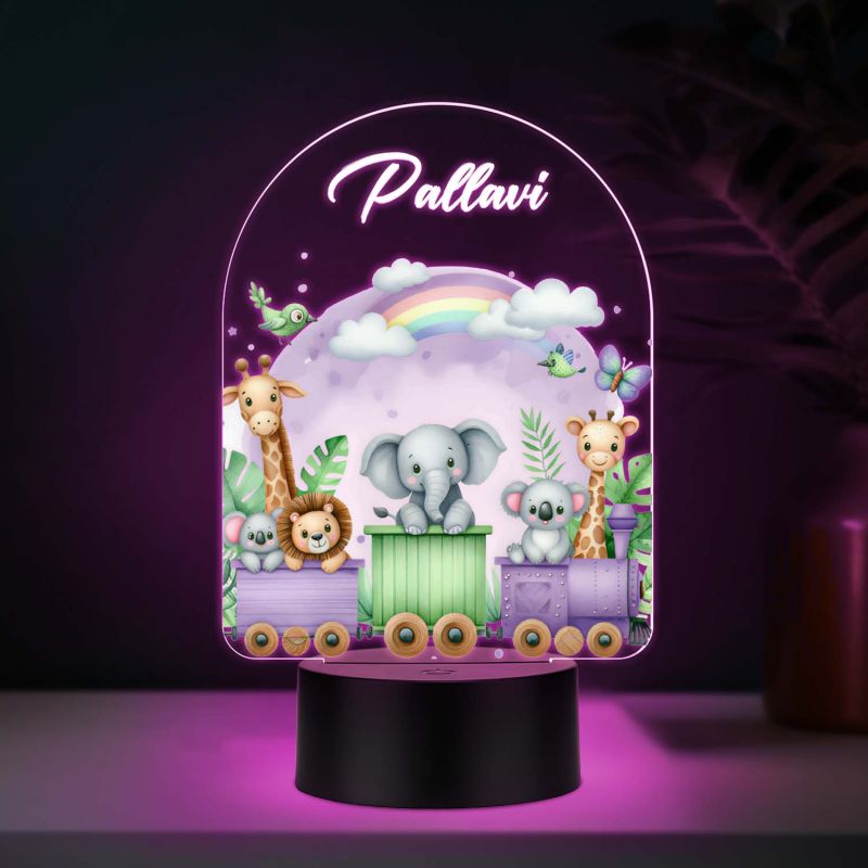 Personalized Safari Animal Train UV Print 3D Multicolor LED Night Light Custom Name Kids Lamp